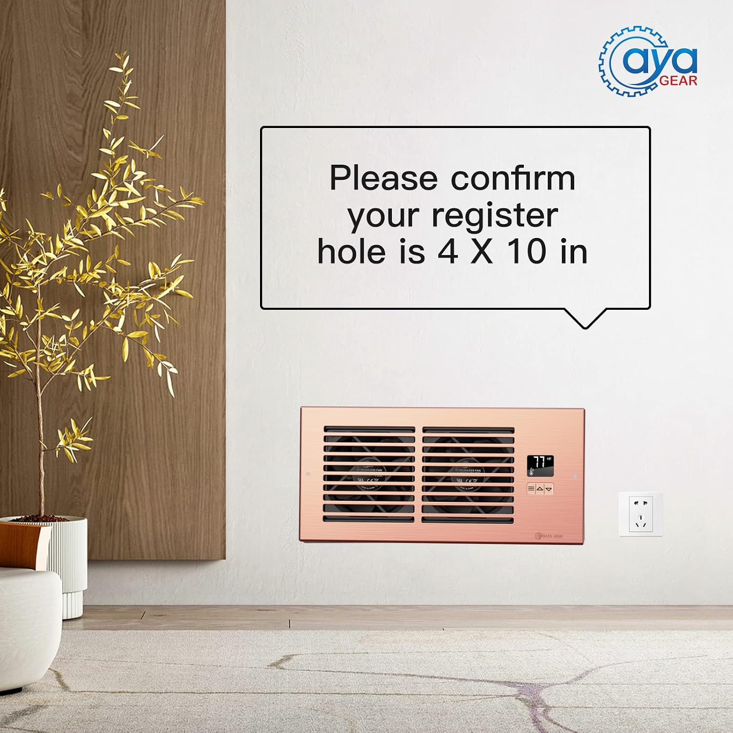 Register Booster Fan with Thermostat Control, Heating Cooling Fits 4” x 10” Holes, Brown