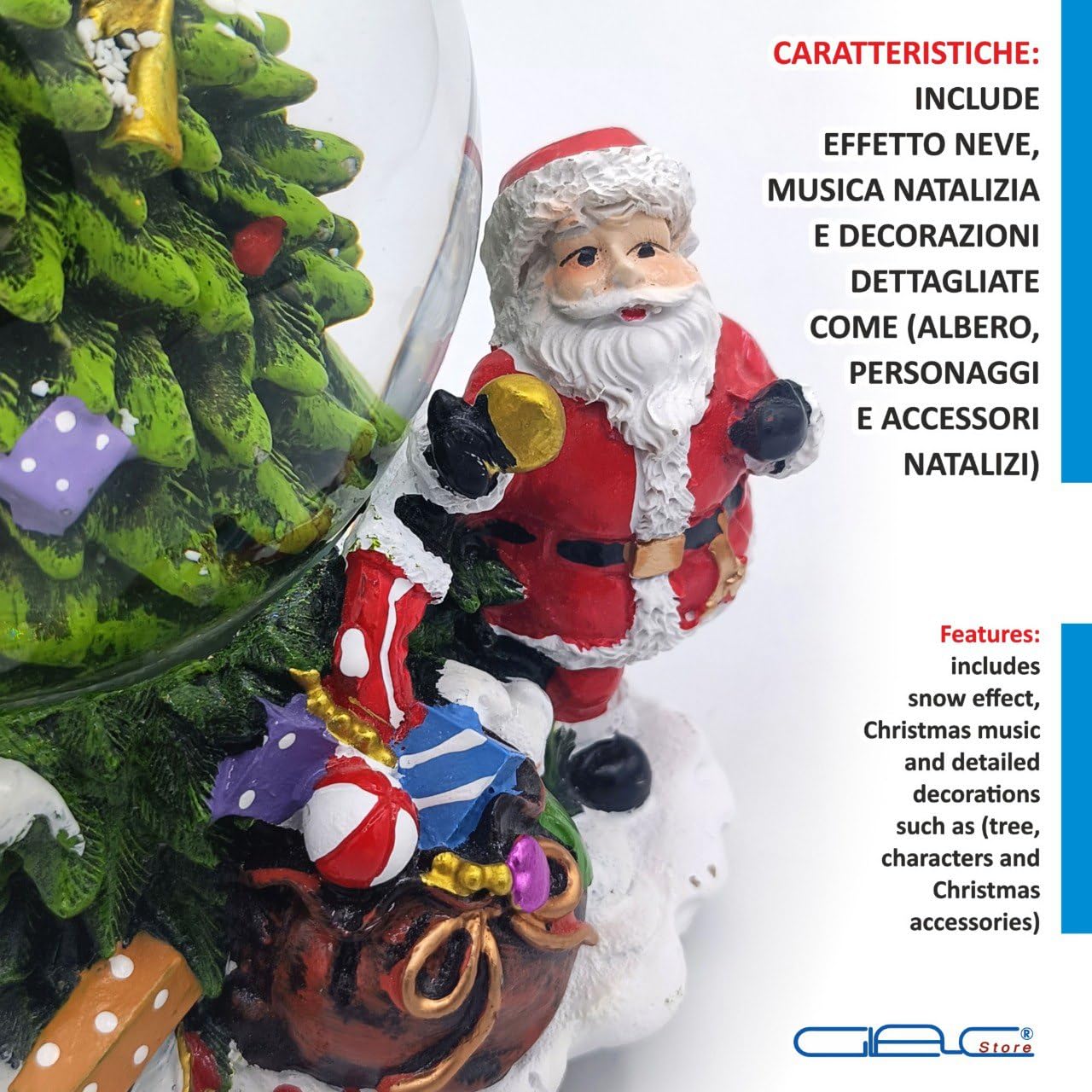 Sfera di Neve Natalizia con Albero e Babbo Natale, 20x12 cm, Ampolla in Vetro con Effetti Sonori, Decorazione Festiva