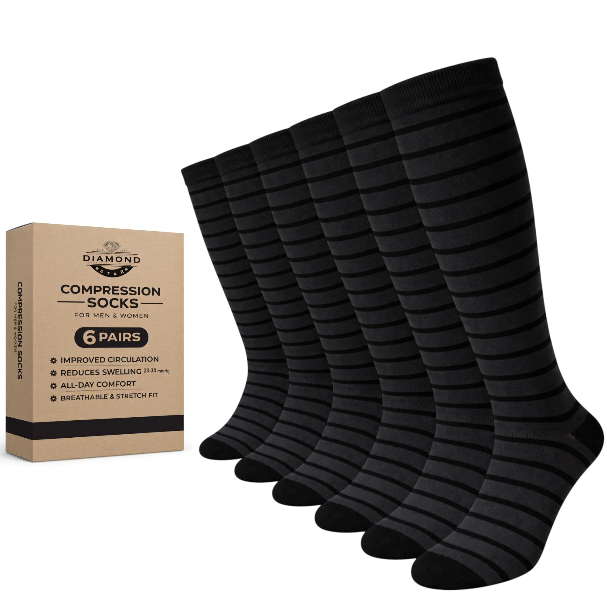 Diamond Star 6 Pairs Compression Socks for Men &amp; Women, Knee High Socks