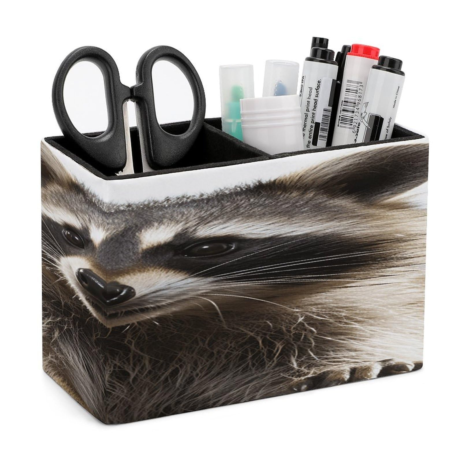 VstaDank Hairy Raccoon Pencil Holder for Desk Organizer 2 Compartments Pen Cup Leather Square Pen Holder Pencil Cup Stand Makeup Brush Holders for Desktop Organizer Storage Case