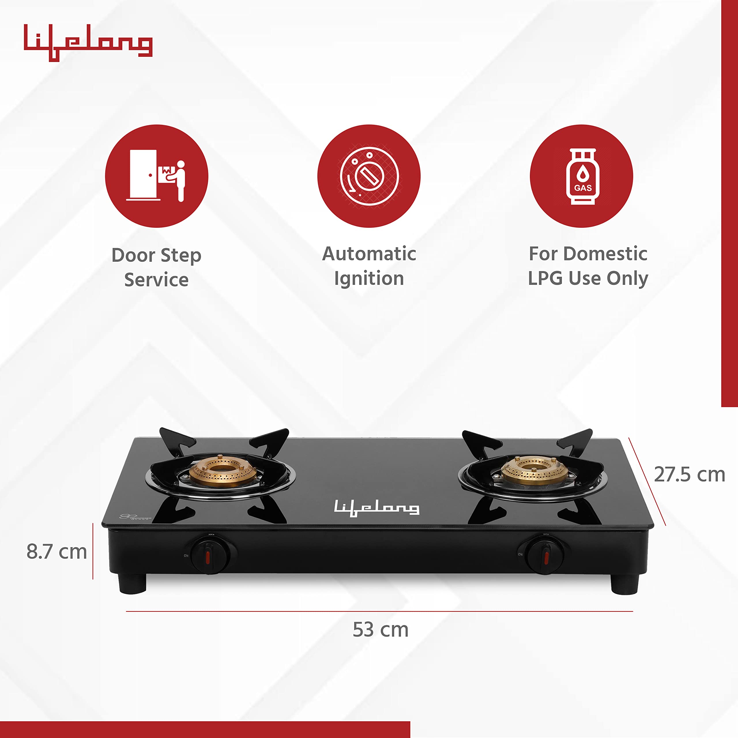 Buy Lifelong LLGS912 Automatic Ignition 2 Burner Gas Stove with 6mm Toughened Glass Top