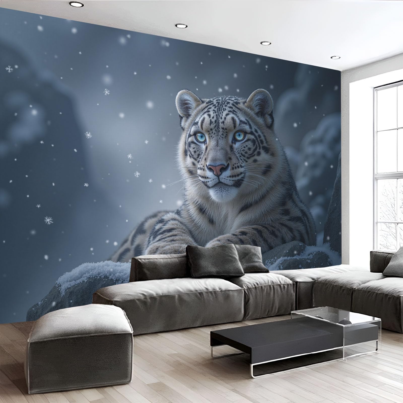 Papier peint panoramique 3D léopard des neiges gris 400x280 cm pour grand mur de salon