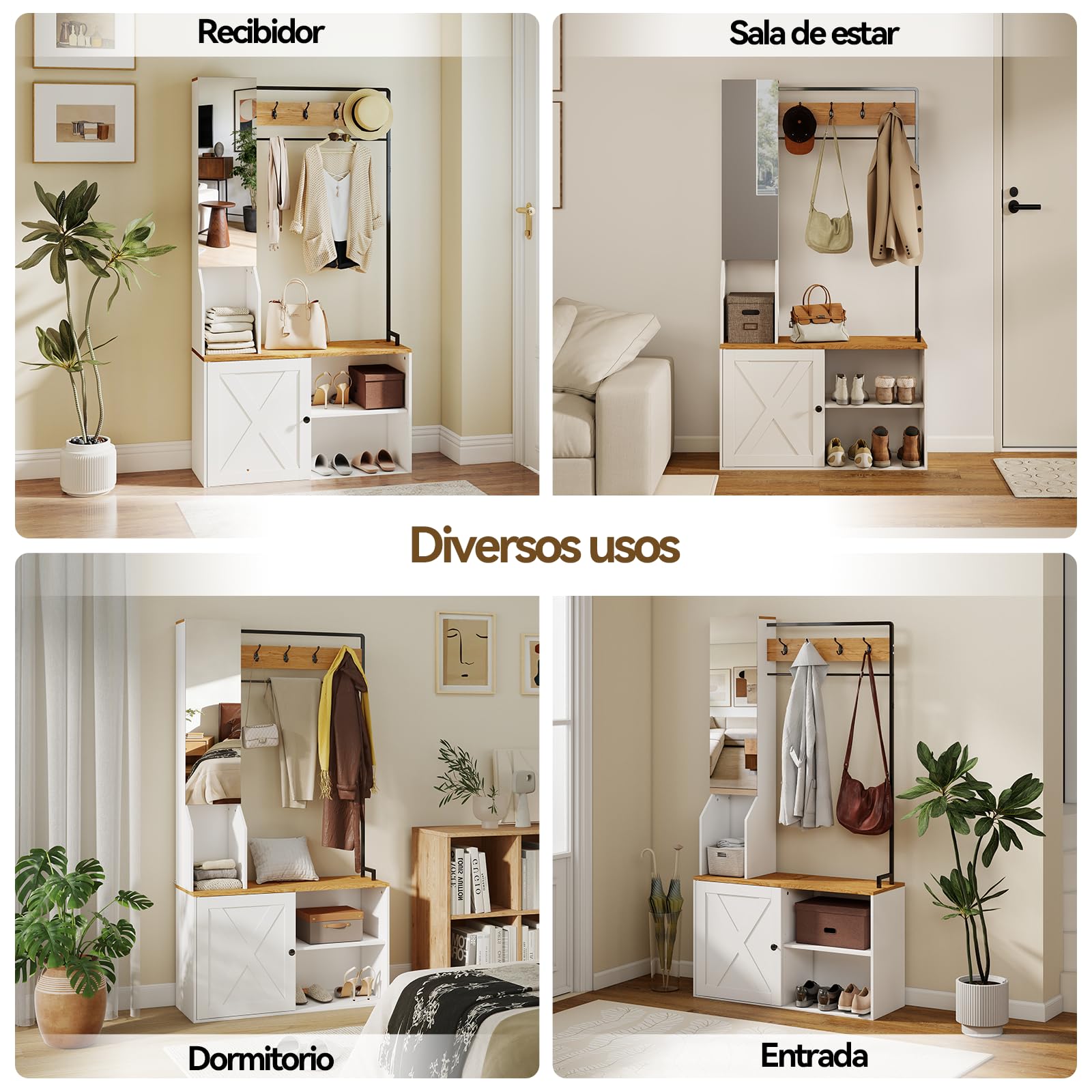 YU YUSING Perchero Zapatero Multifuncional, Perchero Entrada Recibidor | Espejo con Zapatero con Banco para Zapatos, Mueble Zapatero Recibidor Moderno con 4 Ganchos,90x30x170cm, Blanco y Natural