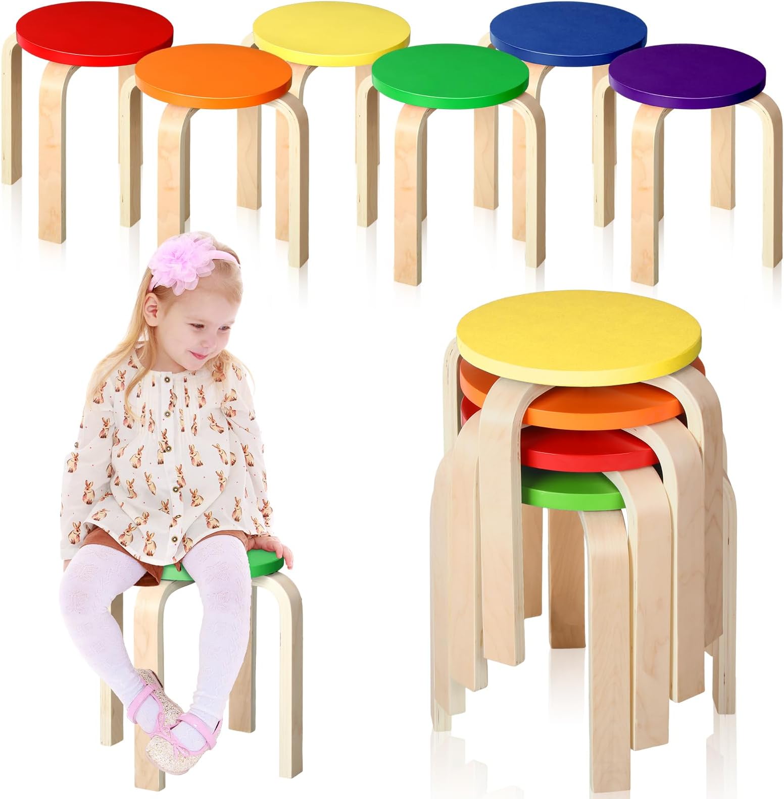 Kigley 6 Pcs 12 Inch Bentwood Stacking Stool for Kids Colored Durable Round Nesting Stool Flexible Wood Stackable Chairs for Playroom Daycare Home Classroom (Classic Color)