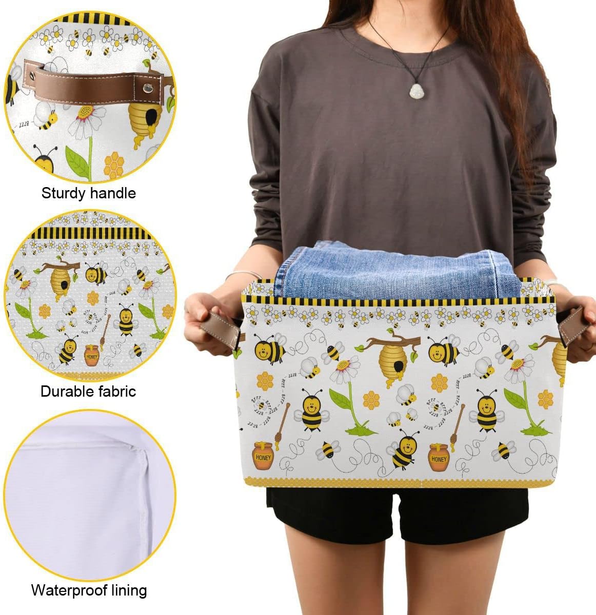 Cute Bees Gnomes Honey Storage?Basket?Fabric?Laundry?Baskets Spring Summer Flowers Daisy Storage?Boxes?Organizer?Bag?for?Baby?Cloth?Dog?Toy?Book?Storage?Cubes?Shelf?Closet?Bins?16¡Á12¡Á8?Inches