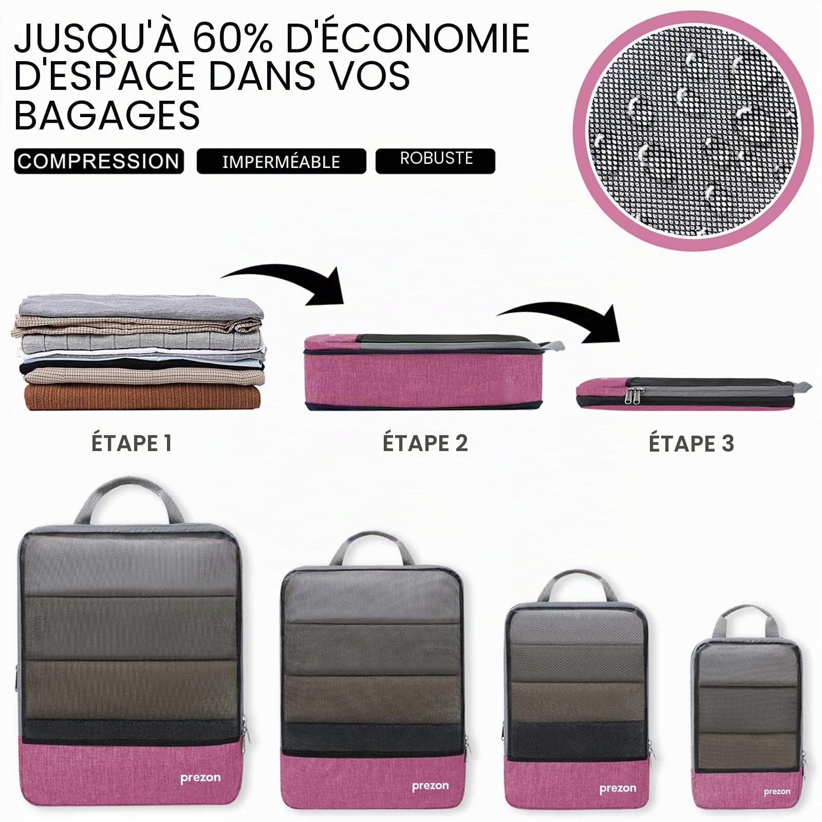Lot de 4 cubes de rangement compressibles, organisateurs extensibles pour valise, parfaits pour le voyage et le rangement à la maison, Mesh TPU, Rose