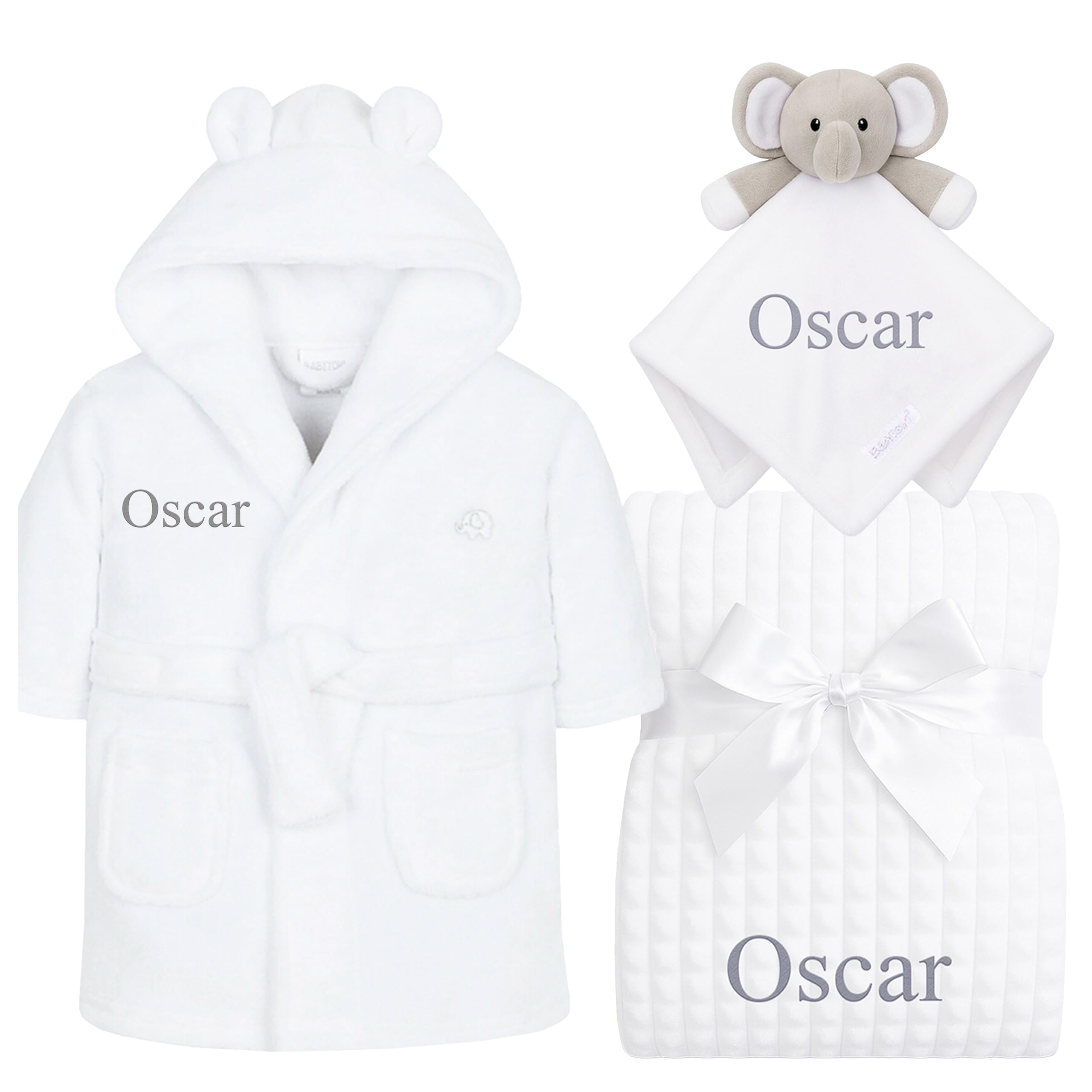The Baby Box Uk White Personalised Baby Dressing Gown, Elephant Comforter & Blanket Set Gift Bundle Squares ( Robe, Elephant Comforter, Squares Blanket, 0-6 Months)