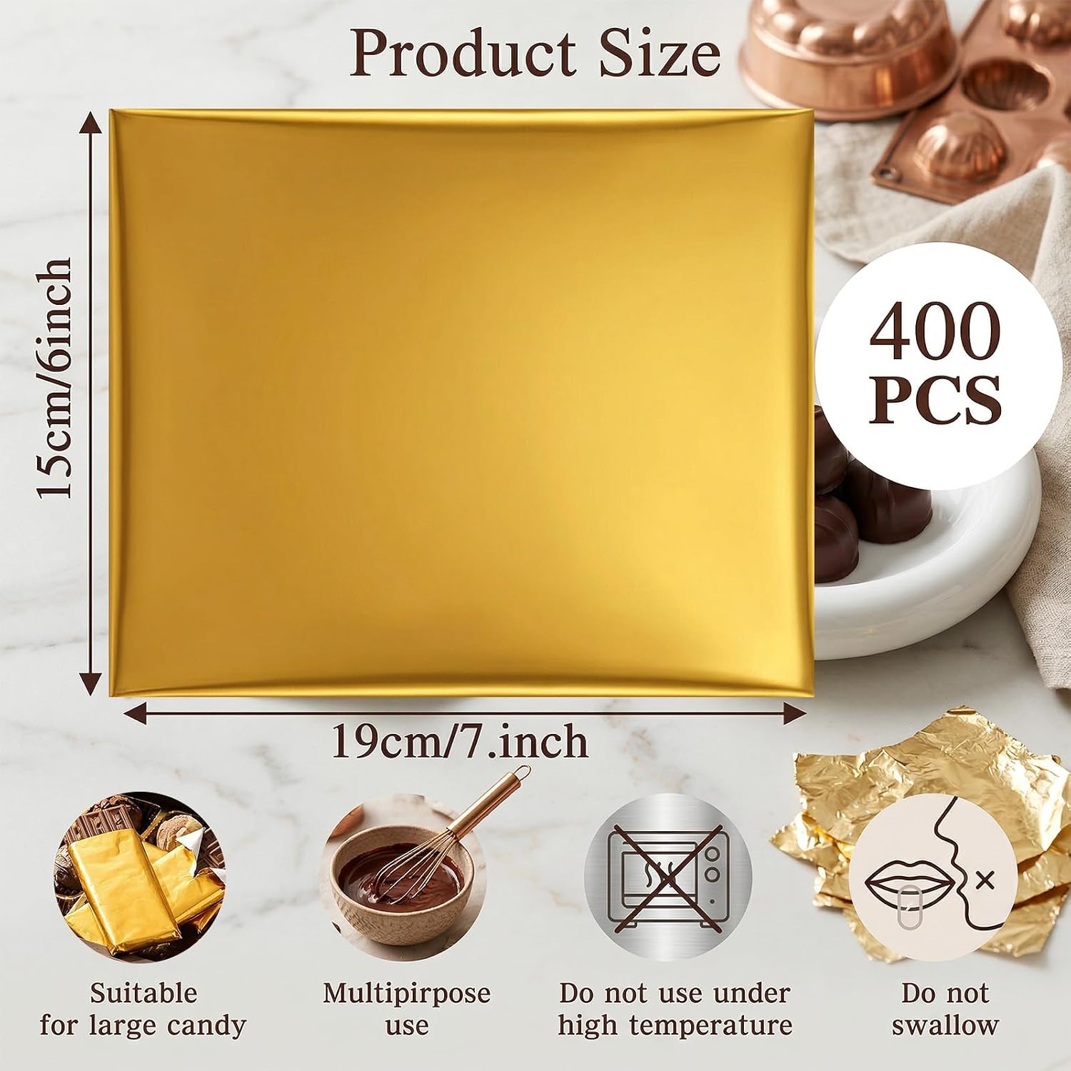400 Pcs Gold Chocolate Bar Wrappers Bulk with Thick Paper Backing, 7.5 x 6 Inch Aluminum Foil Candy Wrappers for Homemade DIY Sweet Treats, Gift Packing, Party Supplies (Gold) image 2