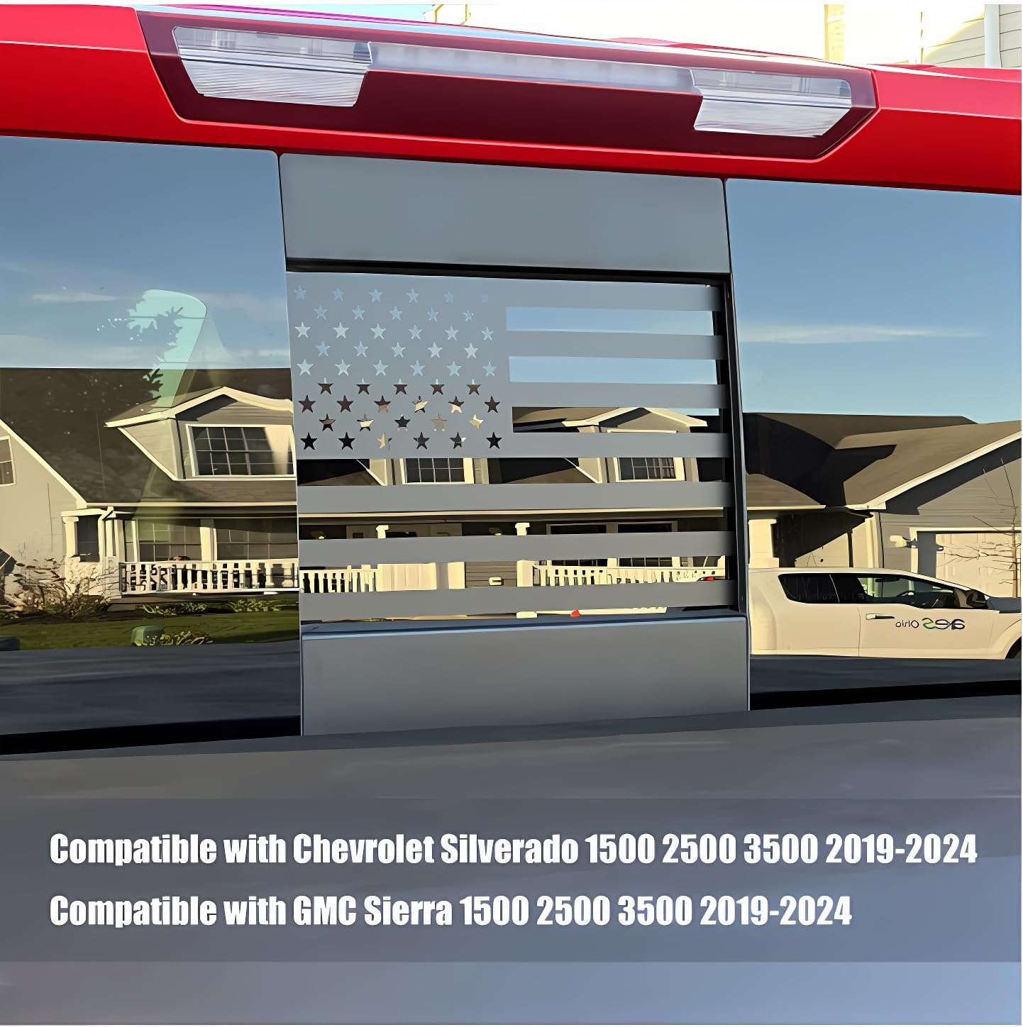 Fits Chevy Silverado and GMC Sierra 2019-2022 2023 2024 2025 2026 Rear Middle Back Sliding Window American US Flag Vinyl Decal, Matte Black 1PCS Solid