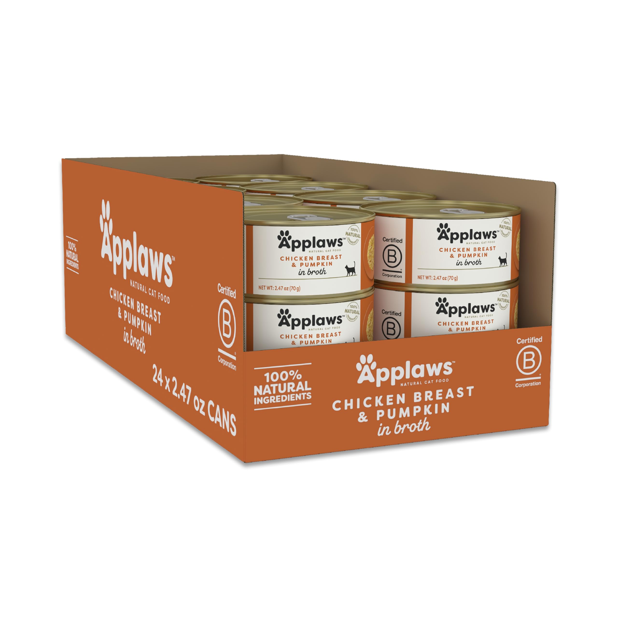 Applaws Natural Wet Cat Food, 24 Count, Limited Ingredient Canned Wet Cat Food, Chicken with Pumpkin in Broth, 2.47oz Cans
