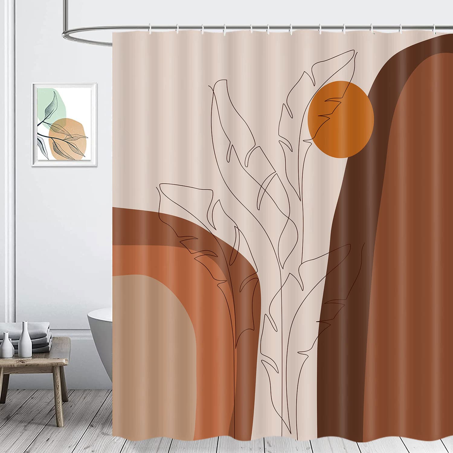 GiuMsi Boho Shower Curtain Set 72x72 - Abstract Brown Beige Arch Design, Polyester Fabric, 12 Hooks - View #2