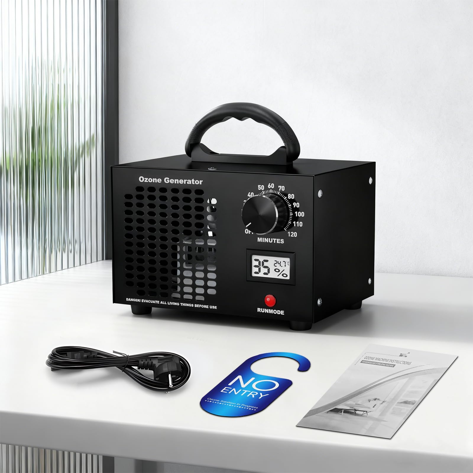 Ozongenerator 60,000 mg/h O3 Ozongerät bis zu 350㎡ mit 120 Min Timer, Temperatur- & Feuchtigkeitsanzeige, Ozonisator Luftreiniger für Auto, Wohnung, Küche, Hotel, Haustiere,Geruchsentfernung (Schwarz)