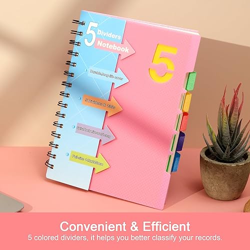 Miniatura 8 de CAGIE- Cuaderno pequeño universitario con tapa en espiral, A5 de 5 x 7 pulgadas, con pestañas separadoras extraíbles para 5 materias, 220 páginas,