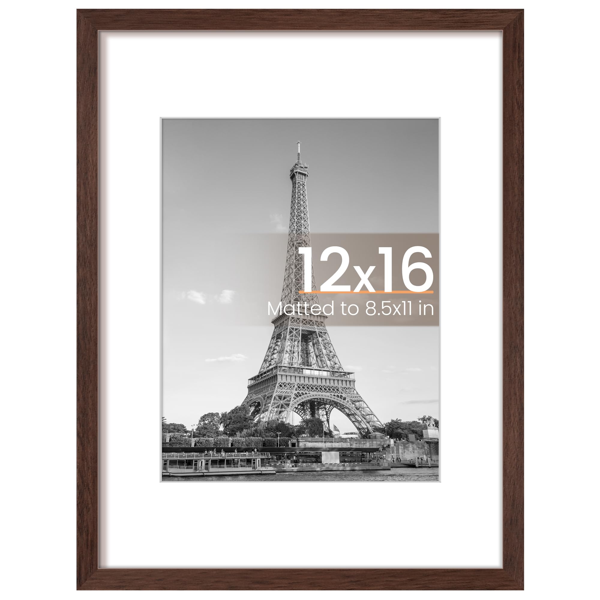 upsimples 12x16 Picture Frame, Display Pictures 8.5x11 with Mat or 12 x 16 Without, Wall Hanging Poster Frames, Brown, 1 Pack