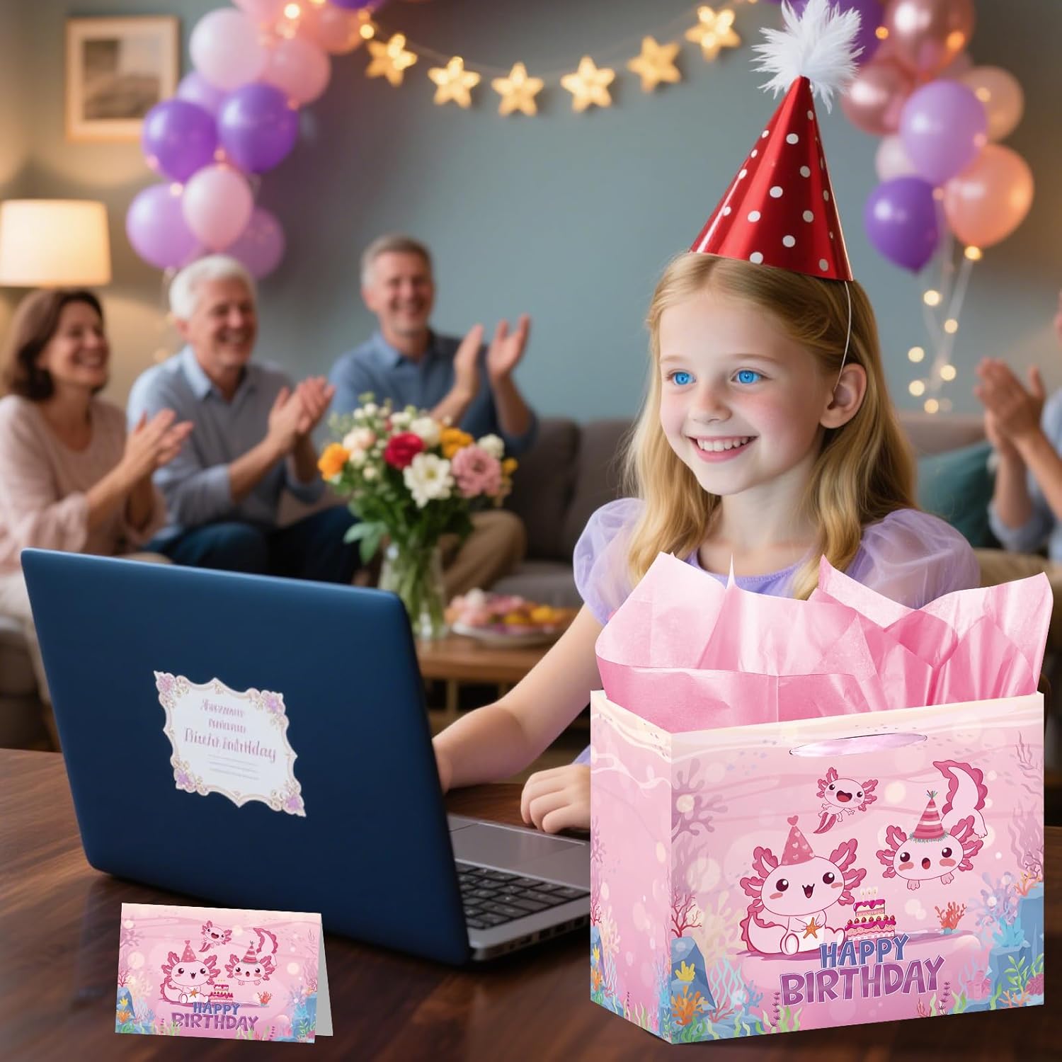 Axolotl Birthday Gift Bag - Happy Birthday Party Decorations for Women Girls, Pink Party Favor Wrapping Bag with Handle Tissue Paper Greeting Card, Salamander Theme Decorations Supplies - Image 4