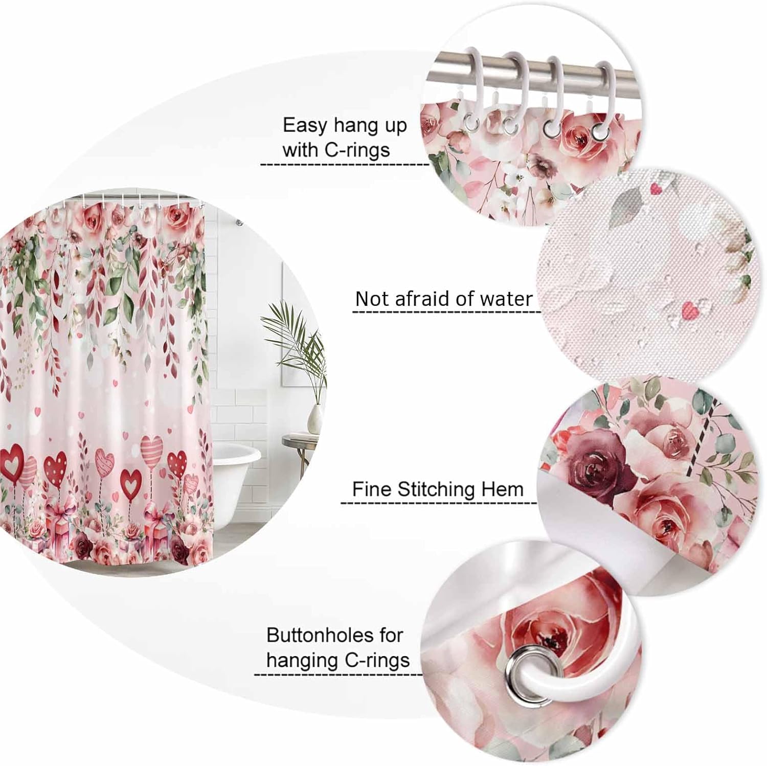 Valentine's Day Shower Curtain Pink Love Heart Bathroom Curtains with Hooks, Waterproof Polyester Fabric Eucalyptus Leaves Rose Shower Curtains Set for Bathroom Bathtubs Holiday Decor Gift 72x72 Inch