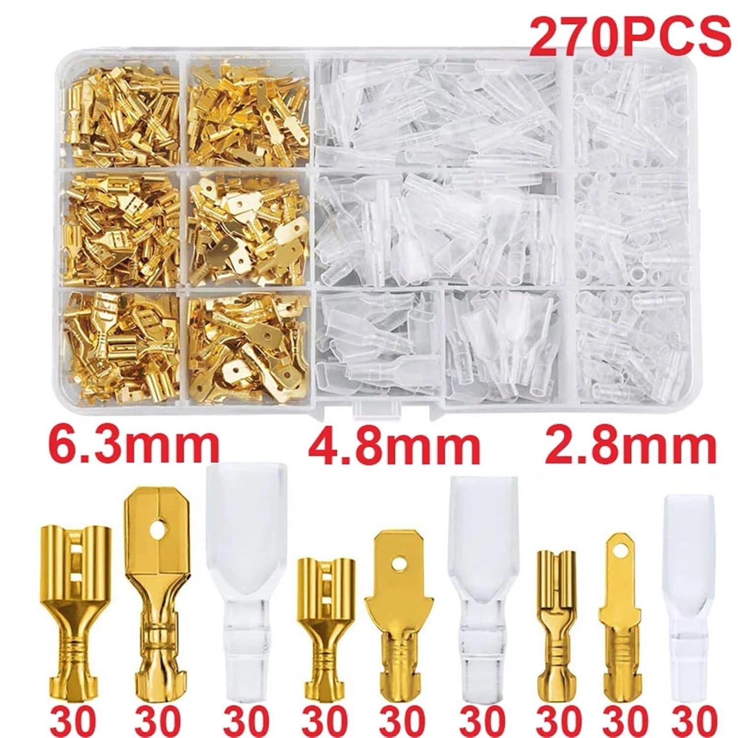 Wire Splice Connectors 4 Box Insulated Male and Female Wire Connectors 2.8/4.8/6.3mm Electrical Pneumatic Crimper Spade Terminal Kits for All Gauge Wire Electrical Repair＆Installation(Gold,270)