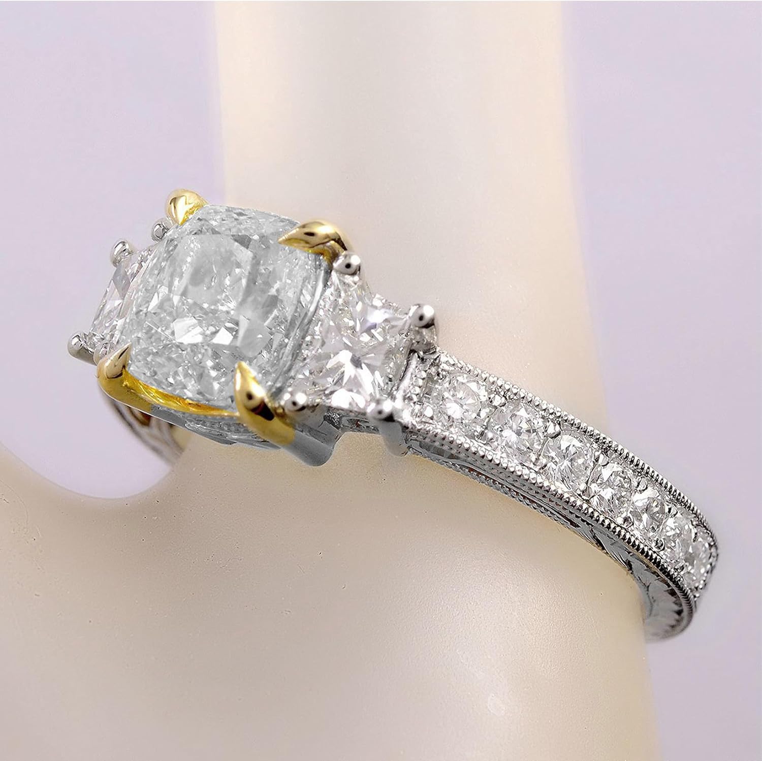 Bridal Set 3 CT 3 Stones Cushion Cut Moissanite Engagement Rings for Women Platinum Plated Silver