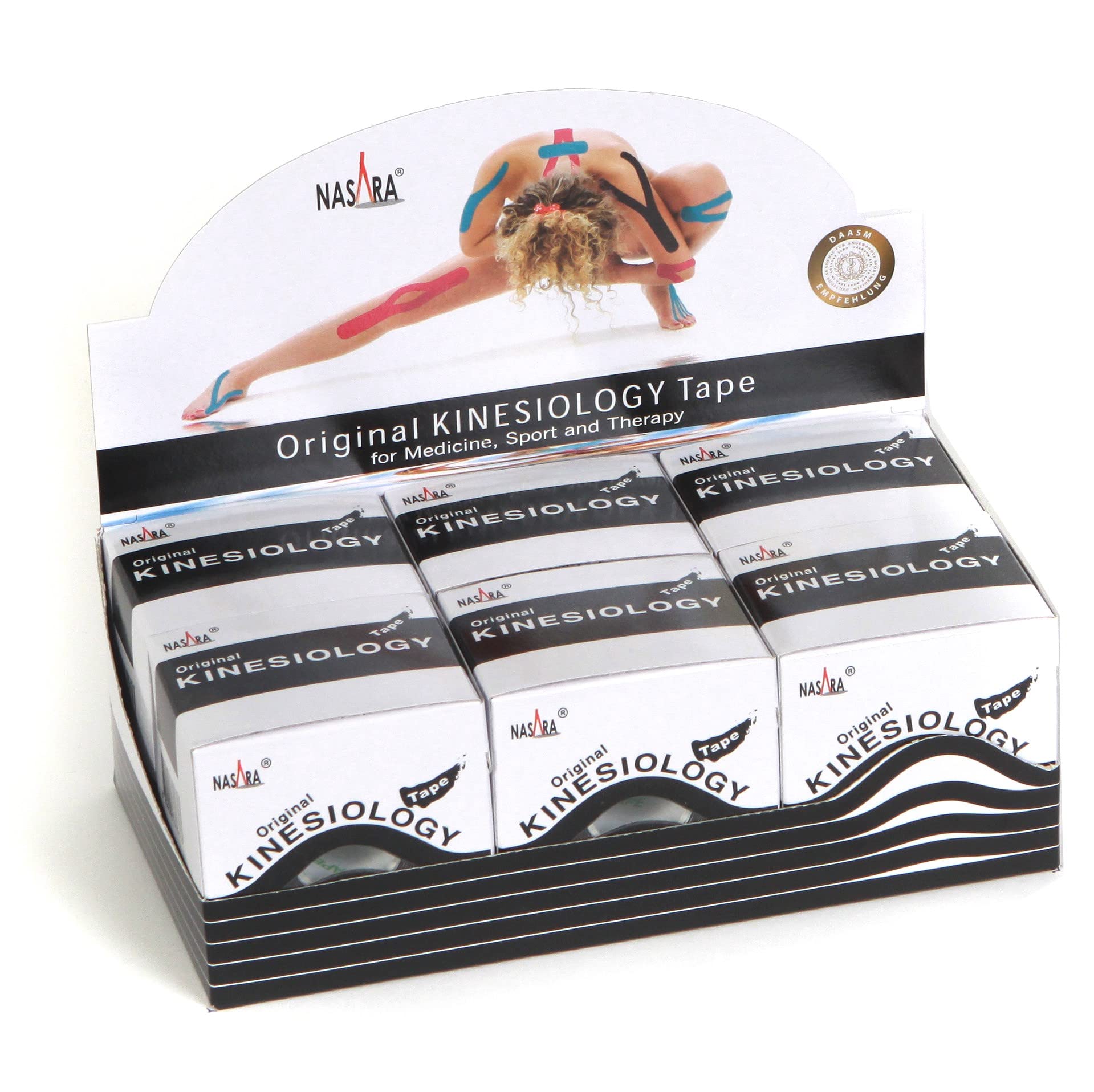 Nasara Original Kinesiology Tape, 6er Box, Schwarz | 6er Box mit 6 Tapes, Für Sport und Medizin, Gratis Videoanleitungen inklusive, Rollengröße 5cm x 5m