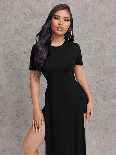 Miniatura 5 de Verdusa Vestido largo de manga corta con cuello redondo y corte corto para mujer