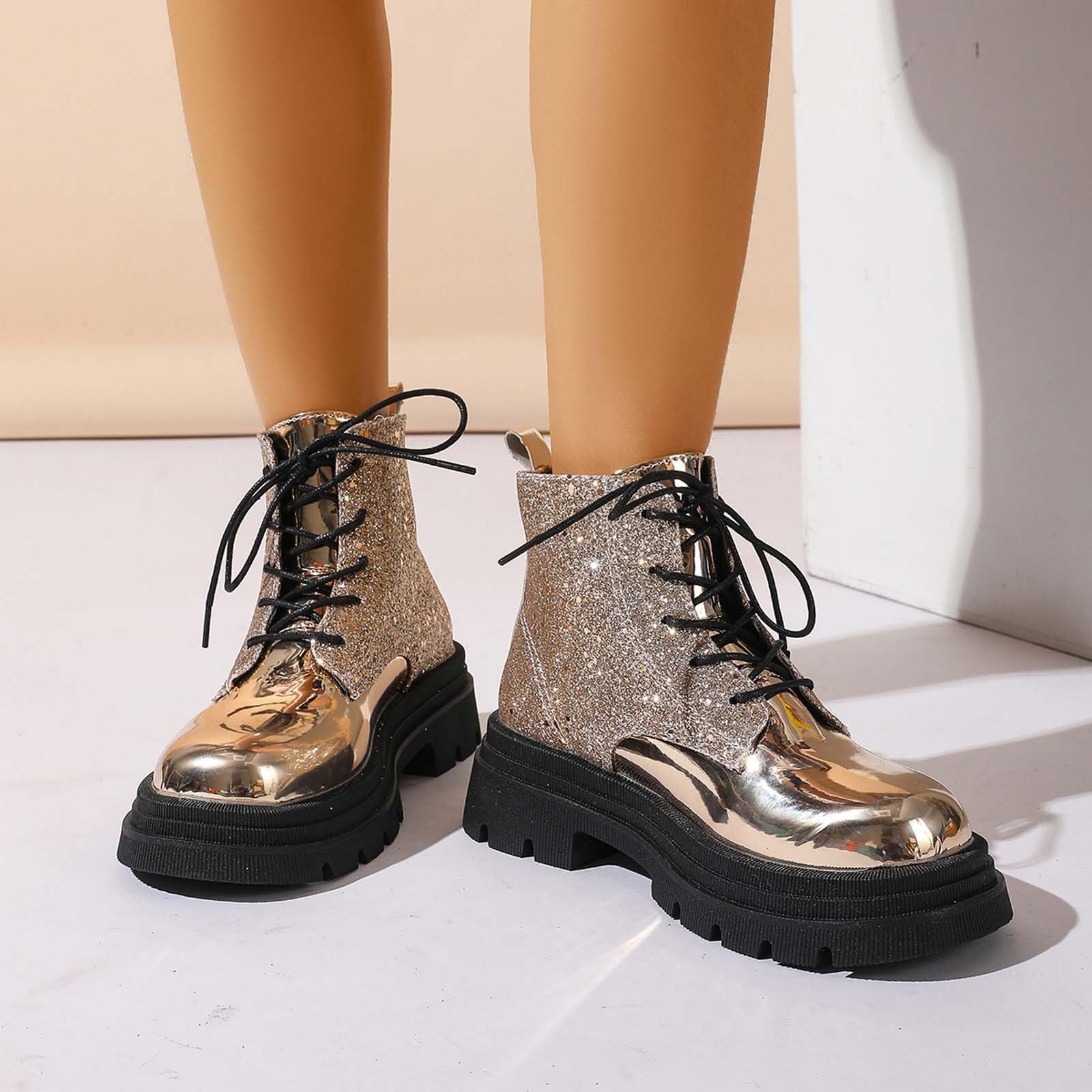 Elegantes Botines Con Punta Redonda Brillante Tacón Plataforma Cordones Estilo Occidental Para Mujer Botas de tobillo de moda para el día a día sólido