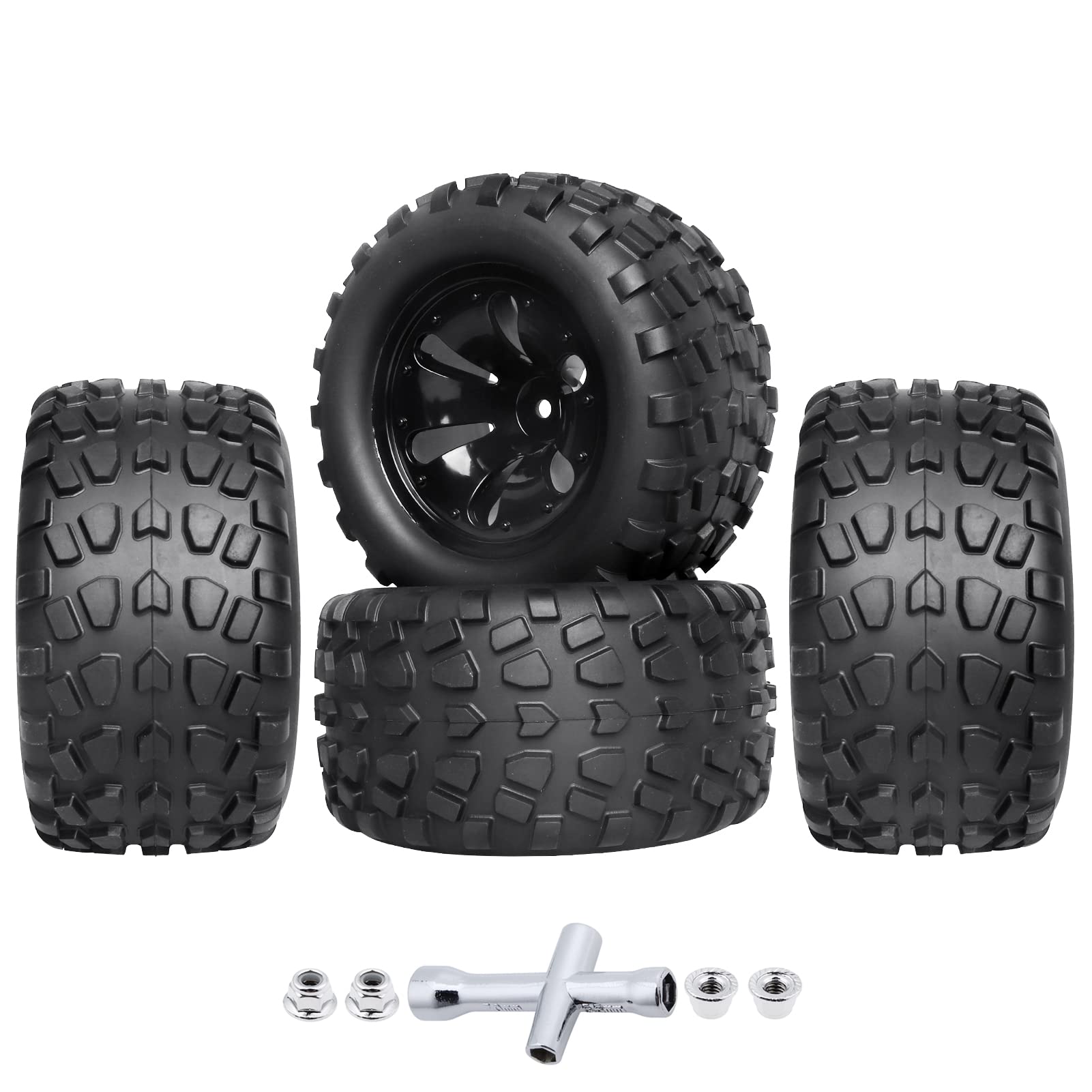 Pre-Glued 1/10 RC Monster Truck Wheels and Tires 12mm Hex RC Truck Tires Fits for 1/10 Traxxas Rustler Maxx Stampede Summit Revo Redcat Volcano Blackout (4PCS)