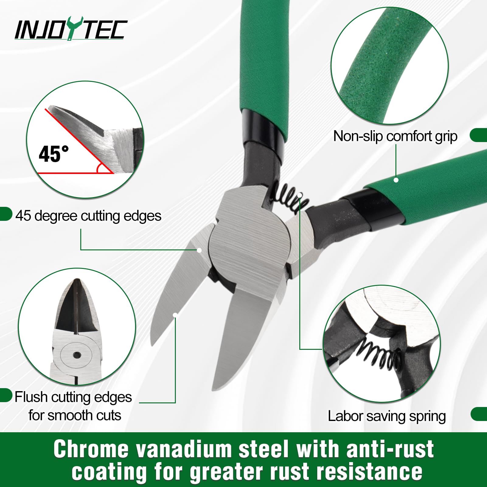 INJOYTEC Wire Side Cutters Clippers 45 Angled Flush Cutters Diagonal Pliers for Flush Cut Plastics Artificial Flowers Zip Tie Cutter for Cable Tie Wire Cutting Tool for Guitar Strings Green - Image 4