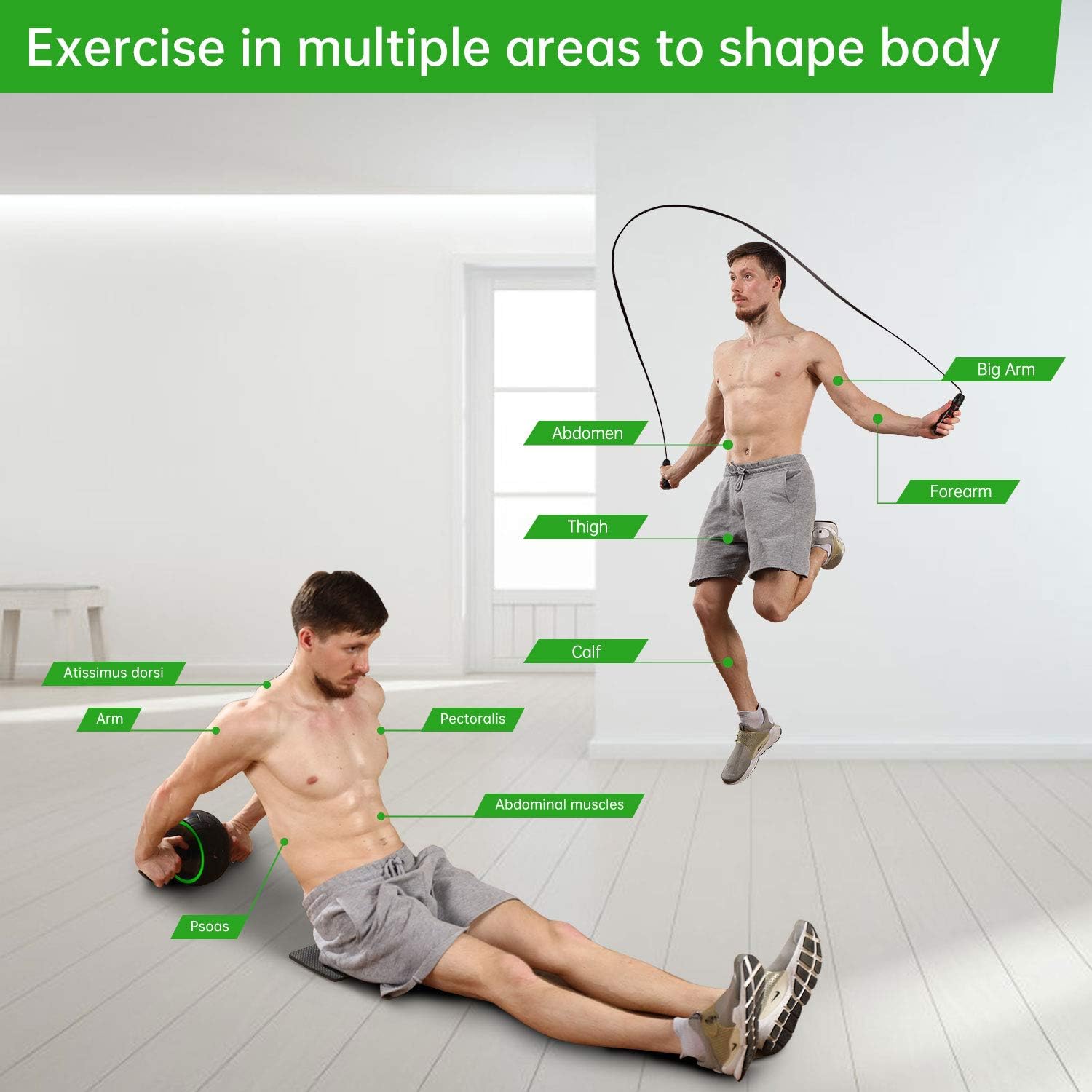 Ab Rollers Wheel for Abs Exercise Workout Fitness -Ab Wheel Roller with Resistance bands Knee Mat and Jump Rope -Perfect Home Gym Equipment for Men Women Abdominal Exercise-green