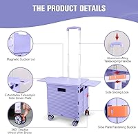 Vista 239 de FELICON SELORSS - Carrito plegable portátil con ruedas para subir escaleras y ruedas giratorias de 360°, mango telescópico, caja de plástico