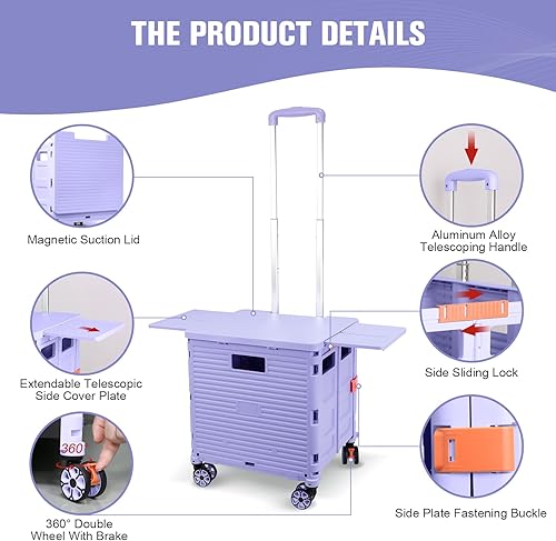 Miniatura 239 de FELICON SELORSS - Carrito plegable portátil con ruedas para subir escaleras y ruedas giratorias de 360°, mango telescópico, caja de plástico