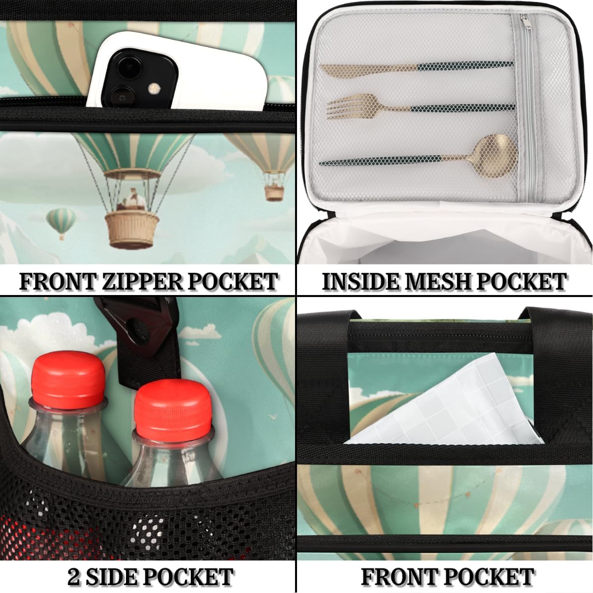 Insulated Picnic Backpack Lunch Box for Women Men Picnic Basket Tote Lunch Bag Picnic Bag Portable Lunch Bags for Picnic, Beach, Work, Trip,Office, Camp Hot Air Balloons