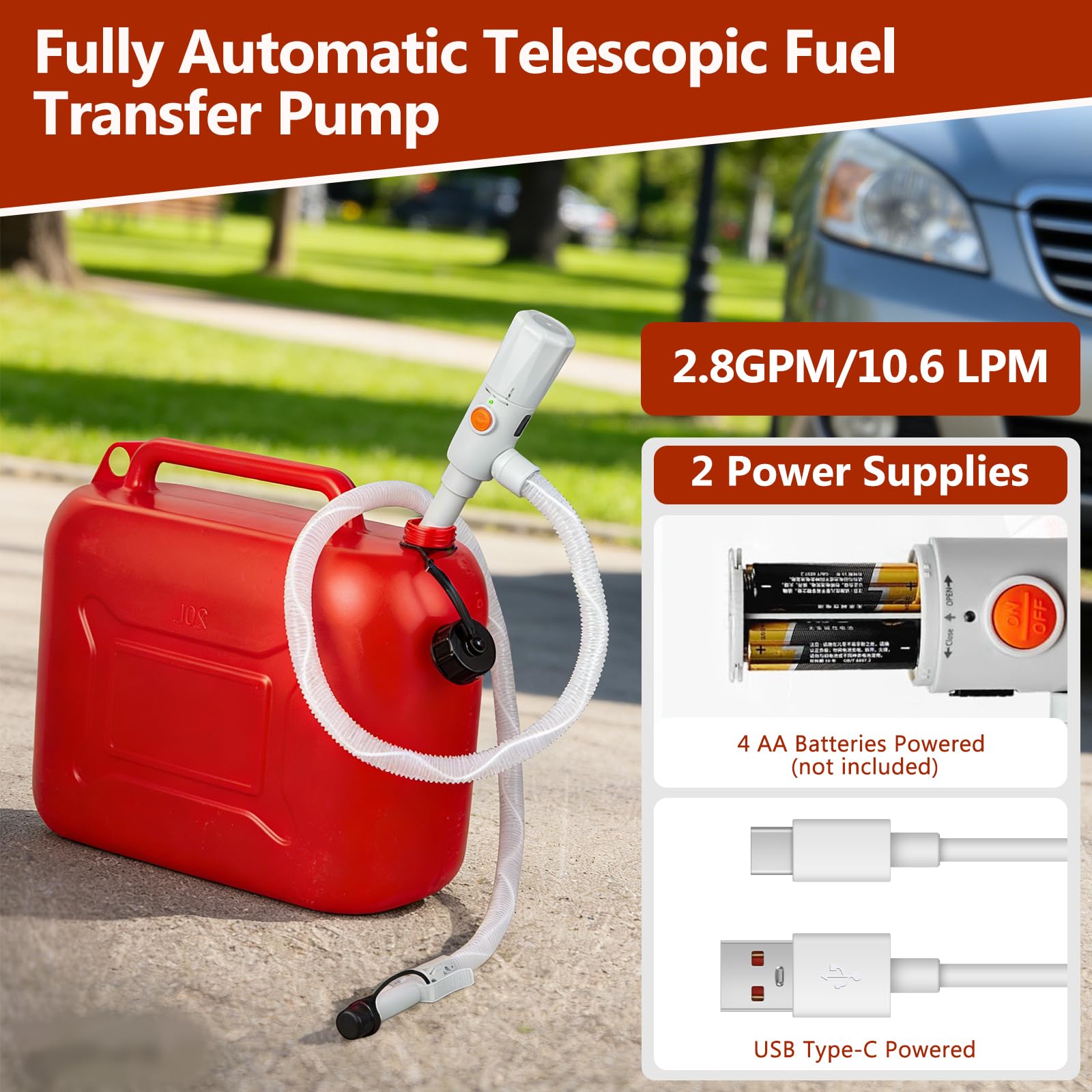 Pompe de transfert électrique - Double alimentation (USB-C/AA), pompe à carburant avec capteur d'arrêt automatique, 2,8 GPM, pompe à essence pour bidon, pompe à diesel électrique télescopique