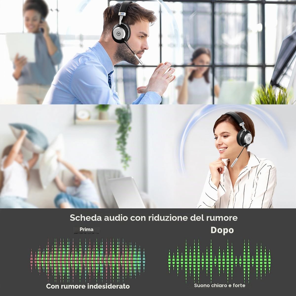 Wantek Cuffie senza fili Bluetooth con microfono dongle USB senza fili con microfono, dongle USB per PC/Ufficio/Zoom/Skype/Laptop