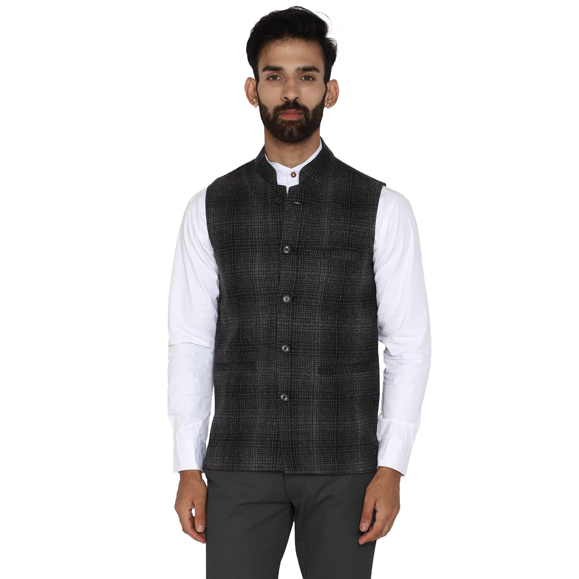 essentiele Men's Black Grey Checkered Wool Bandhgala Ethnic Nehru Jacket-picture-23