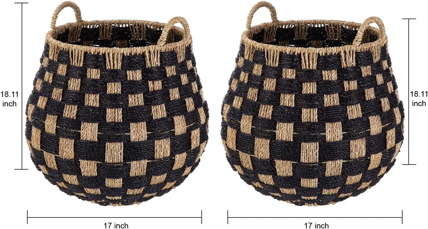Large Round Checkered Seagrass Storage Basket with Handles, 2 Pack, 17" x 17" x 18" Natural and Black Woven Bins for Blankets, Laundry, Farmhouse Decor