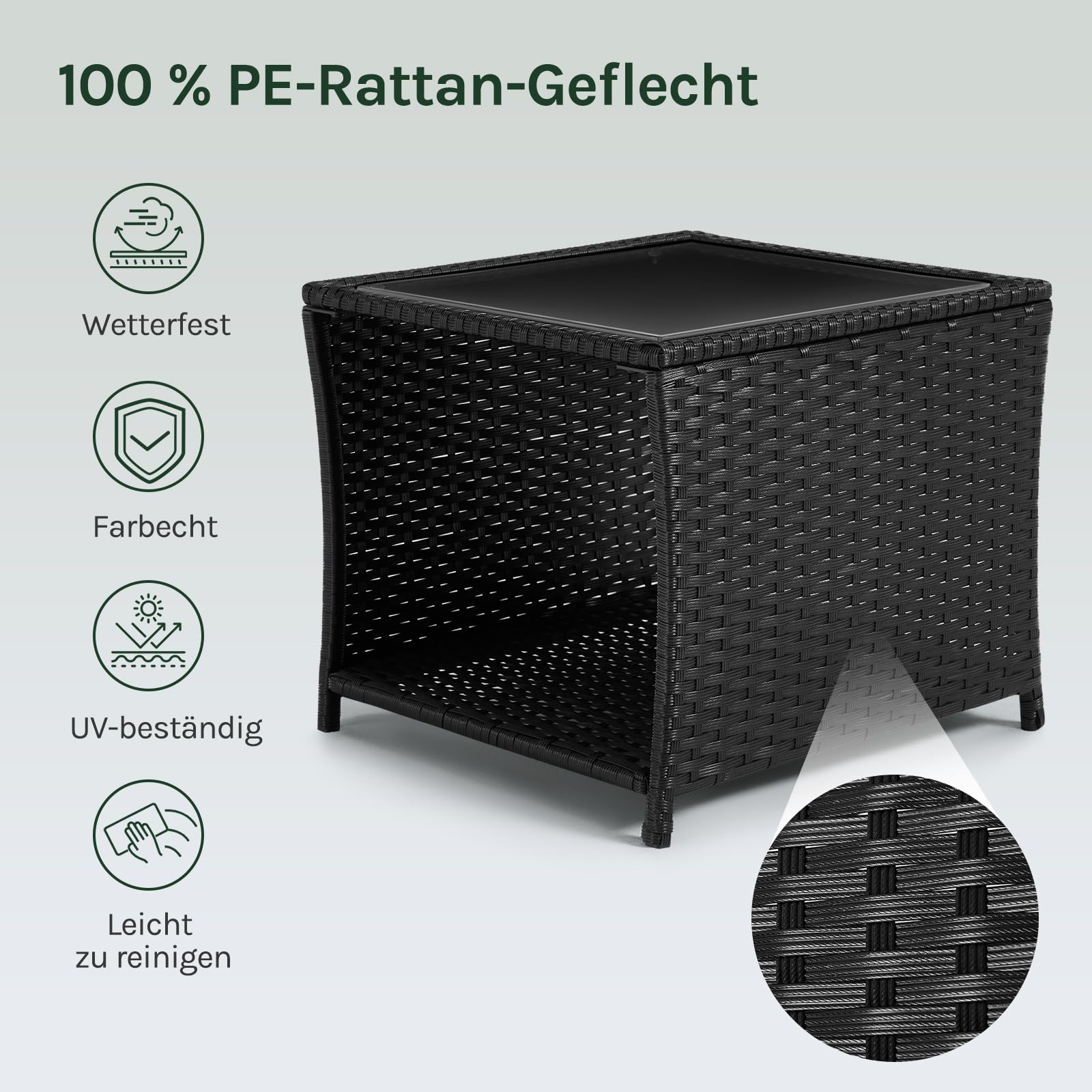 WOLTU Polyrattan Gartentisch, 45x40x45 cm, Beistelltisch mit Glasplatte offenem Fach, Balkontisch wetterfest, Terrassentisch, Outdoor Tisch, Schwarz