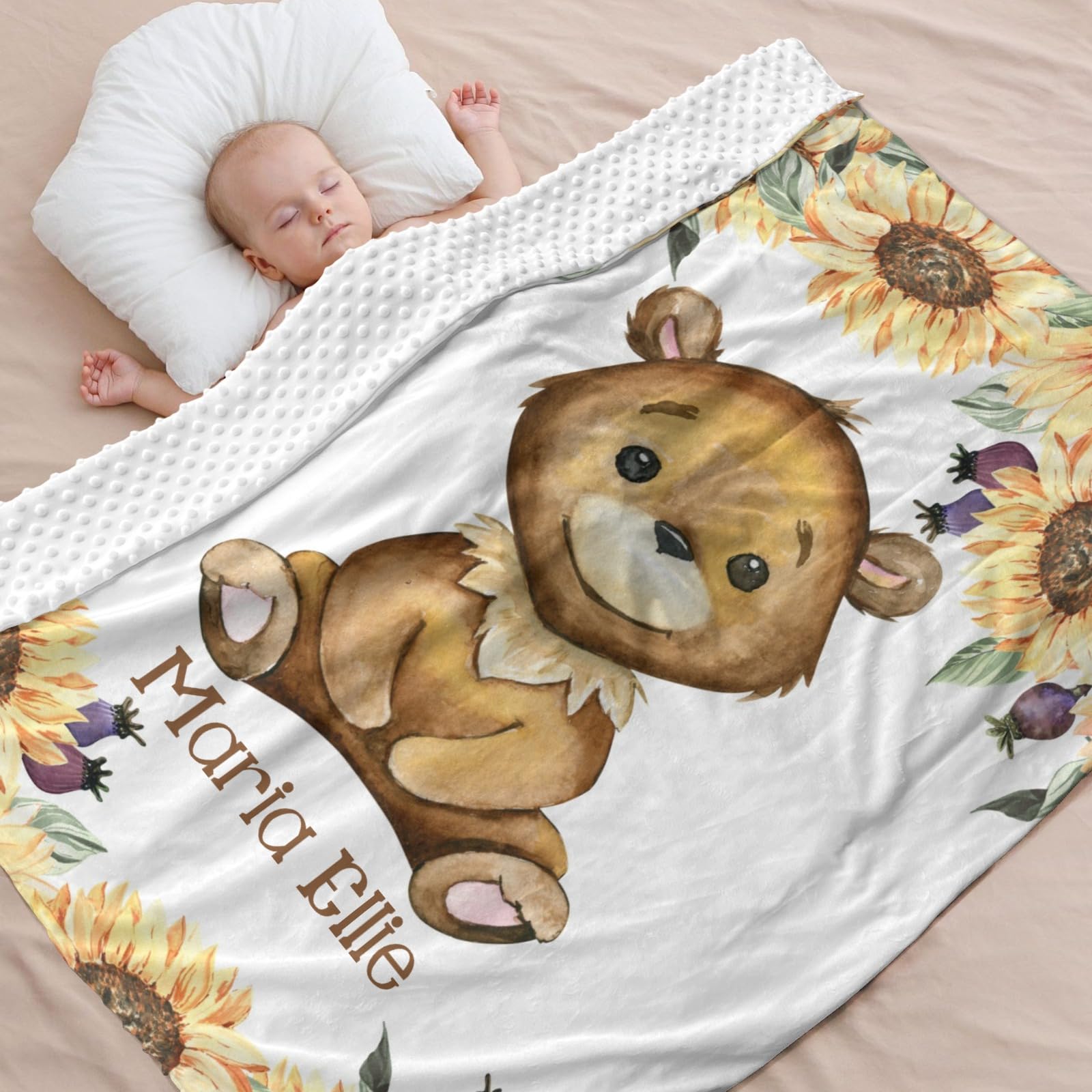 Amazon.com: Little Sunflower Bear Personalized Dotted Minky Blanket Newborn  35 x 45 in for Family Birthday Pet Bedroom Boys Girls : Baby