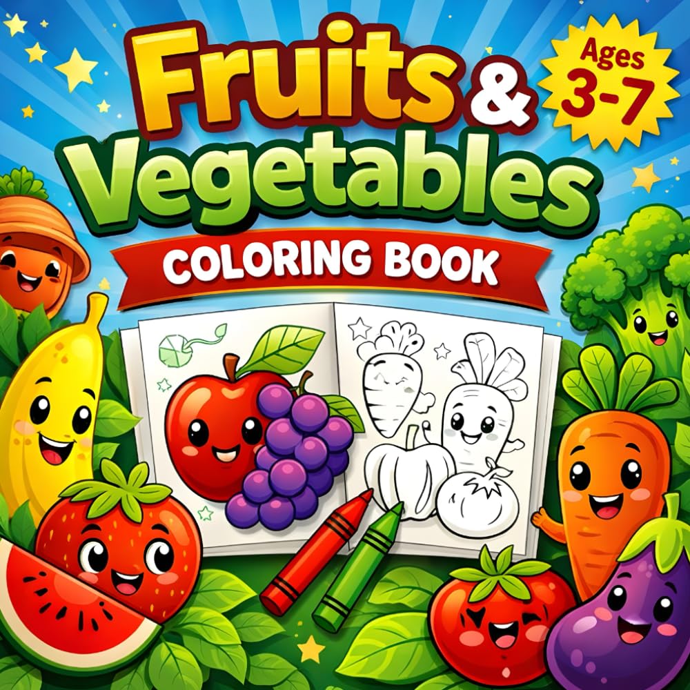Fruits and Vegetables Coloring Book for Kids: Cute & Easy Healthy Foods Coloring Activity Book for Toddlers, Preschoolers and Kids Ages 3–7 | Learn Fruit and Veggie Names with Fun Coloring Pages
