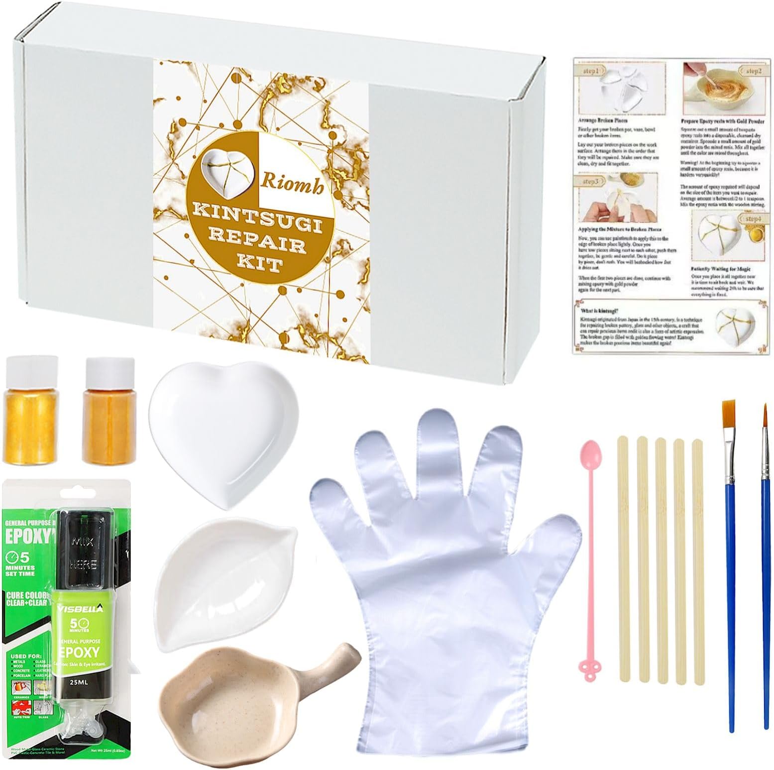 Kintsugi Repair kit, Pottery Repair kit Comes with Two Mini Practice Ceramic Bowls for Starter, Kintsugi Craft Repairs Your Meaningful Pottery