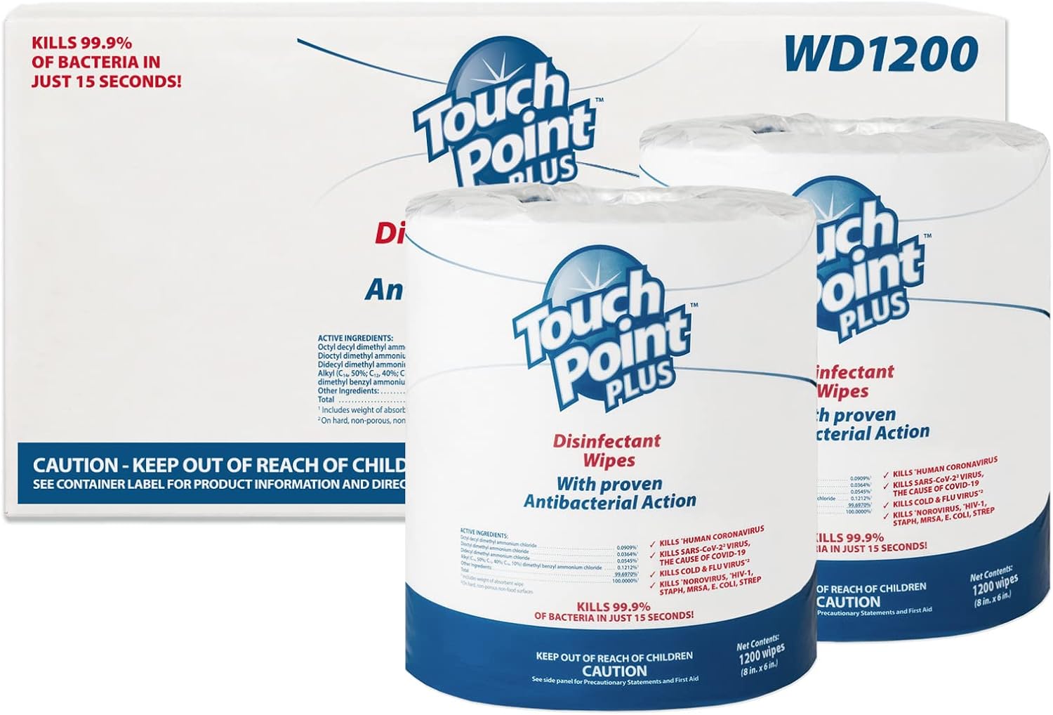 Touch Point Plus Disinfectant Wipes Roll - 2400 8”x6” Wipes, Pre-Saturated for Industrial, Fitness, Office, and Home Cleaning, EPA Registered for Killing Bacteria, SARS-CoV-2, and Viruses