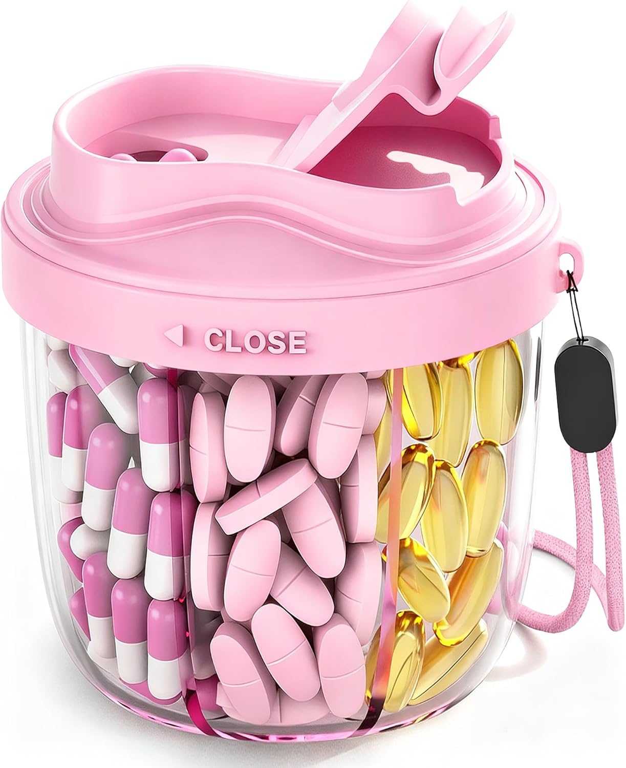 Cute Pill Organizer,Pill Dispenser with 7 Large Compartments,Portable Pill Bottle Box with Wide Opening for Easy Use, Anti-Mix Pills Organizer for Travel,Includes 20 Pcs Sticky Labels（Pink）