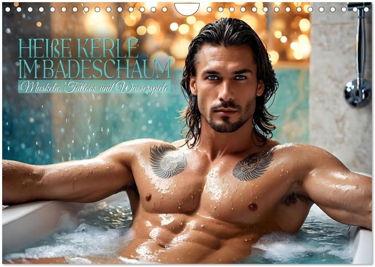Hot guys in bath foam - muscles, tattoos and water games, US-Version (Wall Calendar 2026 DIN A4 Landscape), CALVENDO 12 Month Wall Calendar