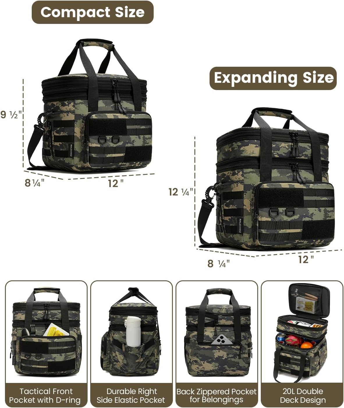 RalChyez Tactical Lunch Bag, 20L Large Heavy Duty Double Deck Insulated Lunch Box Leakproof Expandable Tote Cooler with Shoulder Strap for Adult Men Women Work Fishing Picnic Travel Ocp Camo - Image 3
