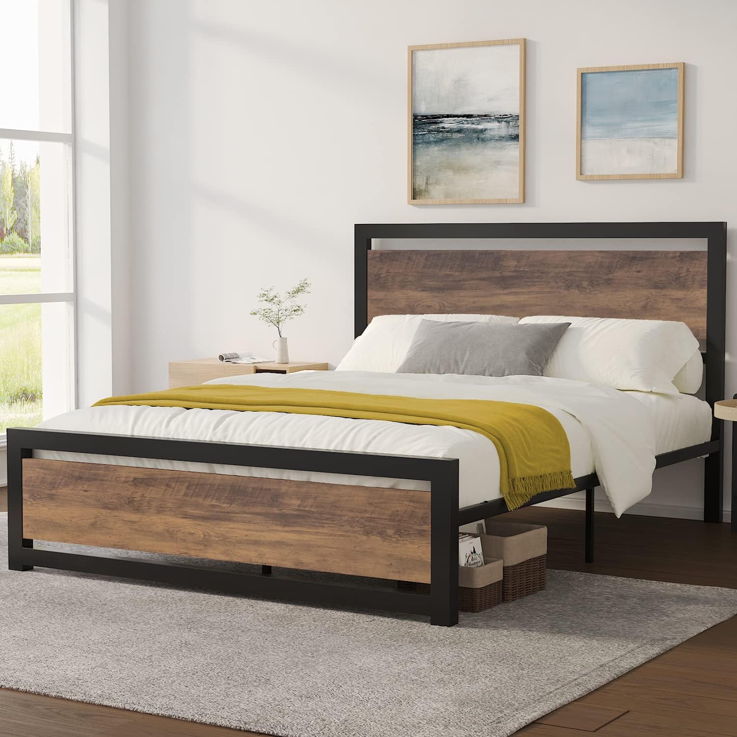 ikalido Queen Metal Platform Bed Frame with Wooden Headboard and Footboard, Heavy Duty Metal Strong Supports, Mattress Foundation, No Box Spring Needed, Easy Assembly, Noise-Free