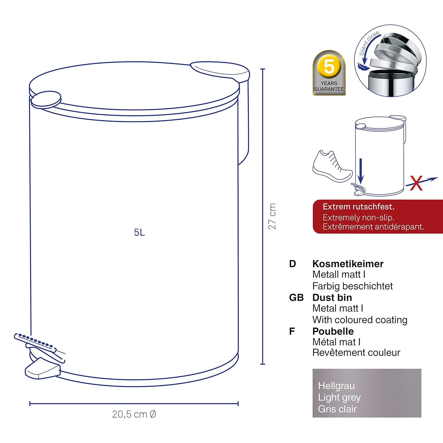 kela Cosmetic Bin 5 L Light Grey Matt, Silent-Close Lid, Pedal Bin Bathroom Bin, Bathroom Bin with Inner Bucket and Carry Handle
