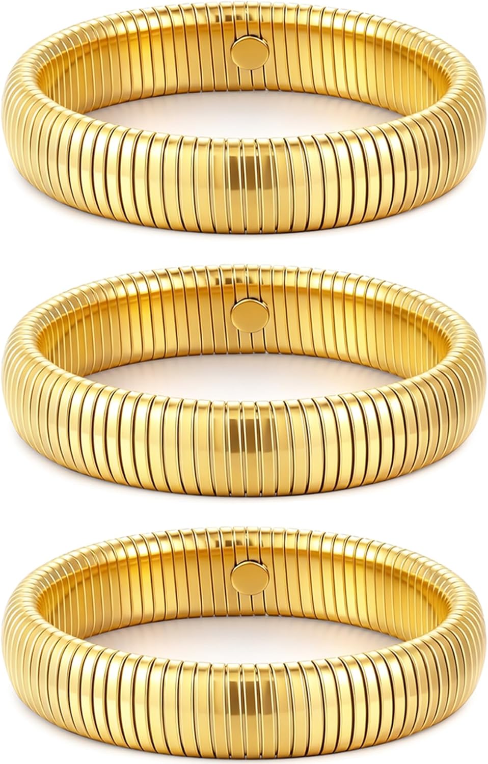 Gold Bangles for Women Set of 3 Chunky Stretch Bangles Bracelets 24K Gold Plated Stainless Steel Bracelets Flexible Wide Stack Bracelets Designer Look Alike Jewelry for Women