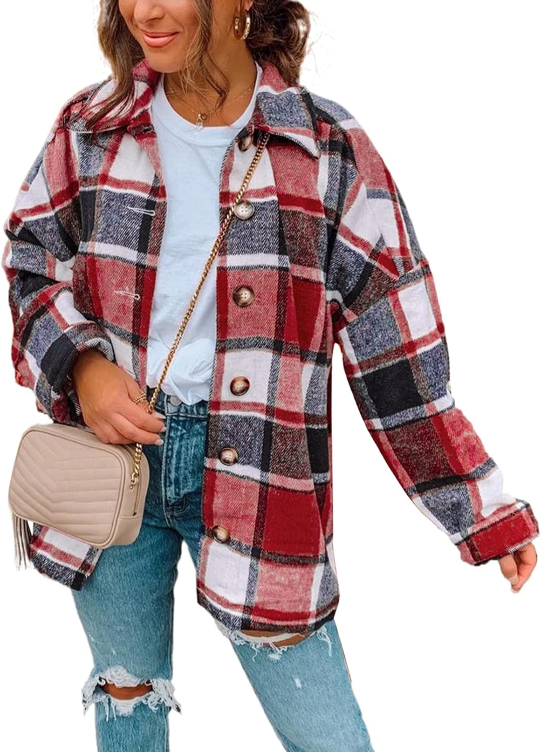 SHEWIN Womens Plaid Flannel Shacket Jacket