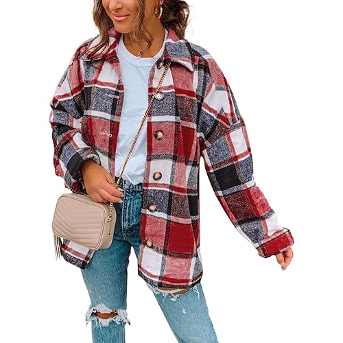 SHEWIN Womens Long Sleeve Plaid Shirts Flannel Lapel Button Down Shacket Jacket Coats