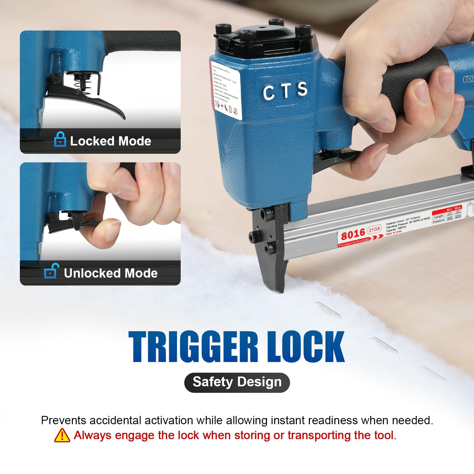 CTS 8016 Pistola pneumatica per graffette da tappezzeria calibro 21 serie 80 corona 1/2" (12,8 mm) lunghezza graffette da 1/4" a 5/8" (6,0-16,0 mm), pinzatrice pneumatica per mobili e decorazione