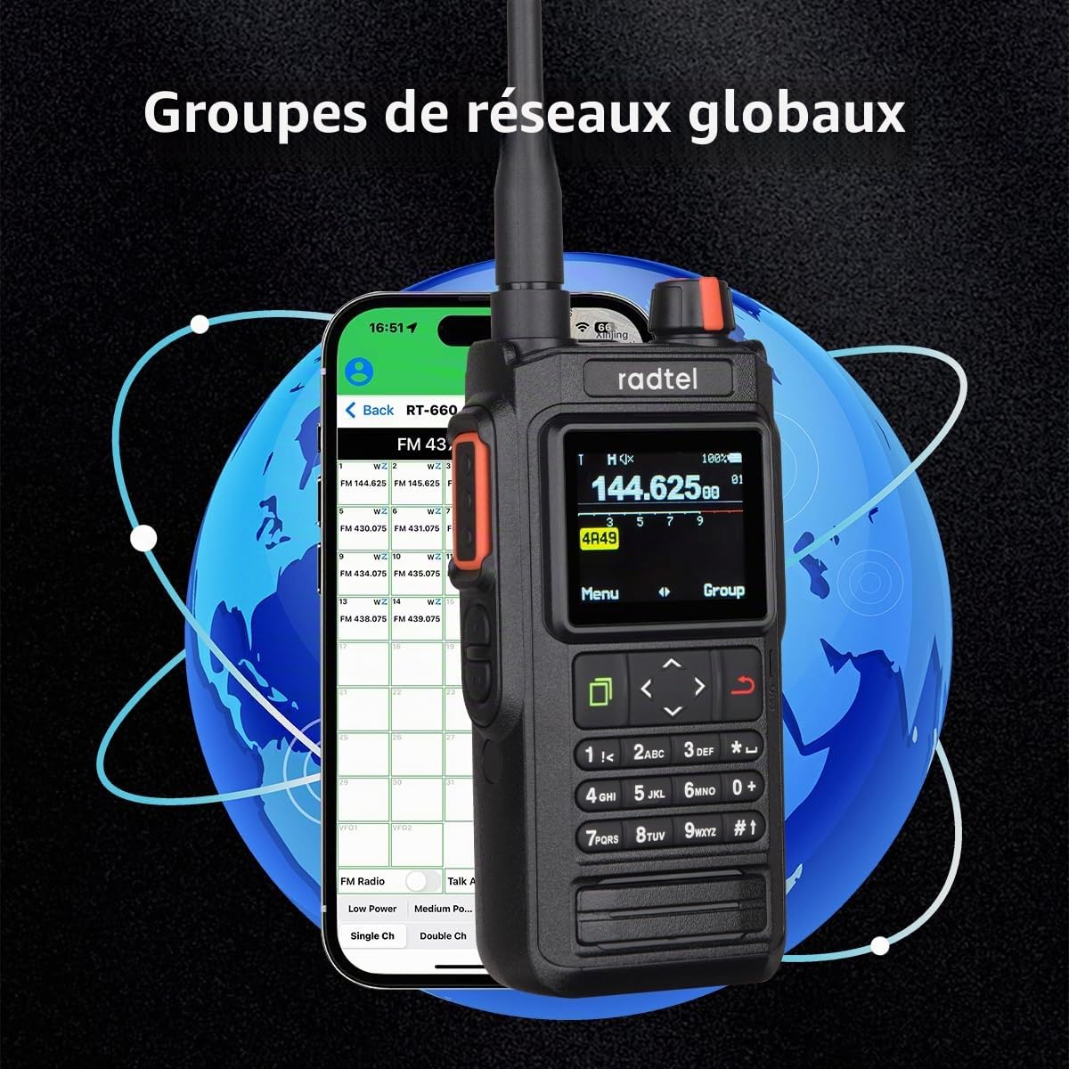 Radio bidirectionnelle Radtel RT-660 IP67 GPS Bluetooth VHF/UHF bibande avec APRS, SATCOM, Kiss, TNC, SMS, Scanner de trafic aérien, alertes météo NOAA et Batterie Rechargeable USB-C